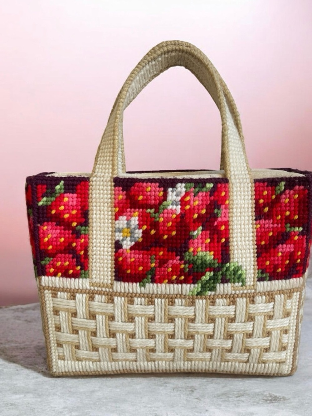 Vintage Strawberry Basket Needlepoint Tote Bag Lined Tote Bag Handmade